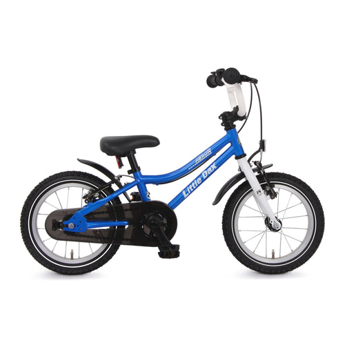 14 Zoll Kinderfahrrad in blau und weiß. Ähnlich wie das Woom Original 2. Für Kinder ab 3 Jahren