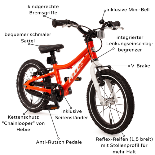 Fizz leichtes Kinderfahrrad aus Alu mit reflektierenden Reifen und Ausstattung wie Klingel und Seitenständer