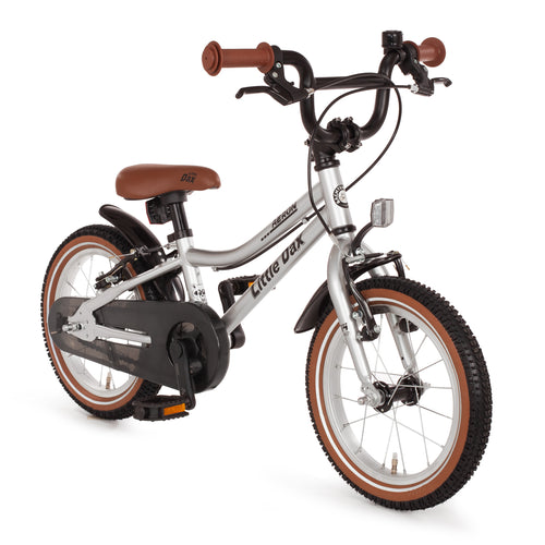 14 Zoll Kinderfahrrad silber vintage retro Look mit braunem Sattel und Reifen. Von der Geometrie ähnlich wie das woom now 2